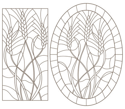 Set Of Contour Illustrations Of Stained Glass With Wheat Germ, Oval And Rectangular Image, Dark Contours On A White Background