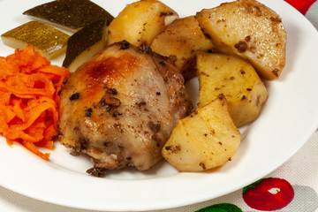 baked chicken, potatoes and salting