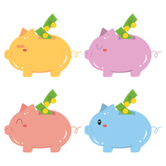 cute colorful piggy bank with money and gold coin vector set
