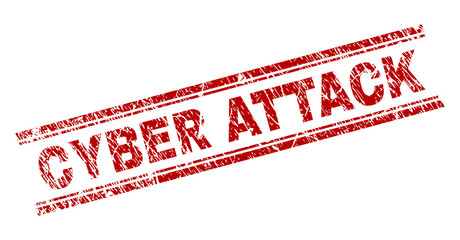 CYBER ATTACK seal watermark with distress texture. Red vector rubber print of CYBER ATTACK text with dirty texture. Text caption is placed between double parallel lines.