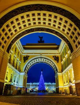 view of Arch of General Staff Building on Bolshaya Morskaya Street to Palace Square in Saint Petersburg city in night