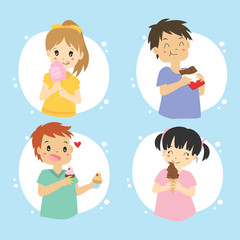 Kids eating sweets. cute kids eating sweets and cake vector set.