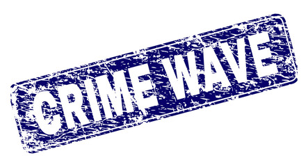 CRIME WAVE stamp seal print with distress style. Seal shape is a rounded rectangle with frame. Blue vector rubber print of CRIME WAVE title with dirty style.