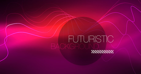 Abstract shiny glowinng color wave design element on dark background - science or technology concept