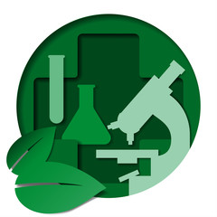 Medicine, Laboratory Research
Vector Design. Medical symbol, microscope, test tubes cut from paper. EPS-10.