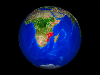 Mozambique on planet planet Earth with country borders. Extremely detailed planet surface.