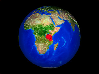 Tanzania on planet planet Earth with country borders. Extremely detailed planet surface.