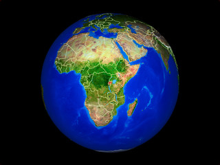 Rwanda on planet planet Earth with country borders. Extremely detailed planet surface.