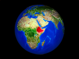 Ethiopia on planet planet Earth with country borders. Extremely detailed planet surface.