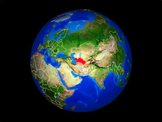 Turkmenistan on planet planet Earth with country borders. Extremely detailed planet surface.
