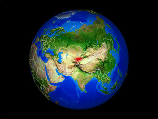 Kyrgyzstan on planet planet Earth with country borders. Extremely detailed planet surface.