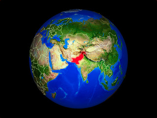 Fototapeta premium Pakistan on planet planet Earth with country borders. Extremely detailed planet surface.