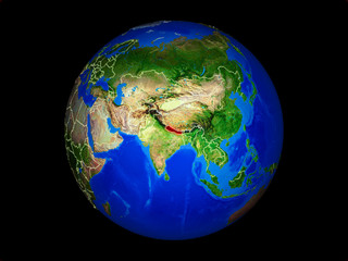 Nepal on planet planet Earth with country borders. Extremely detailed planet surface.