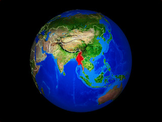 Myanmar on planet planet Earth with country borders. Extremely detailed planet surface.