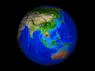 Cambodia on planet planet Earth with country borders. Extremely detailed planet surface.