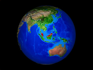 Malaysia on planet planet Earth with country borders. Extremely detailed planet surface.
