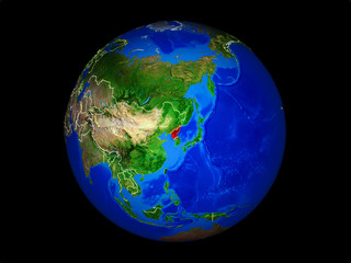 North Korea on planet planet Earth with country borders. Extremely detailed planet surface.