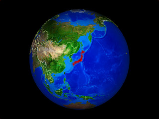 Japan on planet planet Earth with country borders. Extremely detailed planet surface.