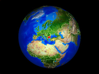 Bulgaria on planet planet Earth with country borders. Extremely detailed planet surface.