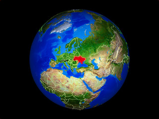 Ukraine on planet planet Earth with country borders. Extremely detailed planet surface.