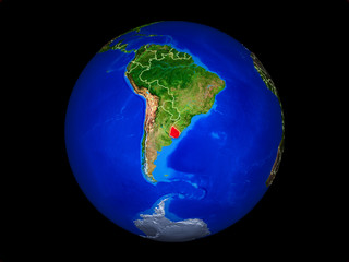 Uruguay on planet planet Earth with country borders. Extremely detailed planet surface.