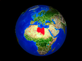 Libya on planet planet Earth with country borders. Extremely detailed planet surface.