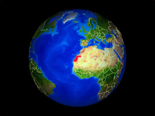 Western Sahara on planet planet Earth with country borders. Extremely detailed planet surface.