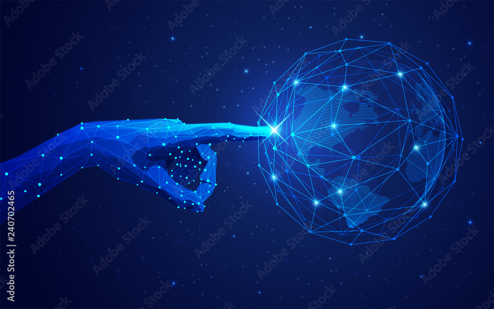 Poster concept of global network or communication technology, futuristic hand pointing on wireframe globe