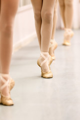 Pre-Pointe teenage girl ballet students practising barre work for ballet feet positions . Closeup in portrait format with copy space. Best images for young girl ballet poster.