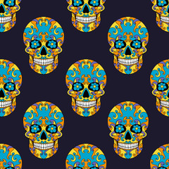 Day of The Dead Skull with floral ornament. Seamless pattern. Mexican sugar skull. Vector illustration