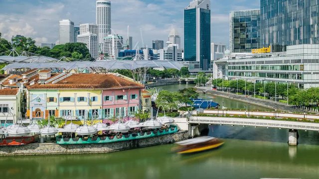 4K Unique Time Lapse Of Boats Streaming Past In Clarke Quay. ProRes 422 in 4k