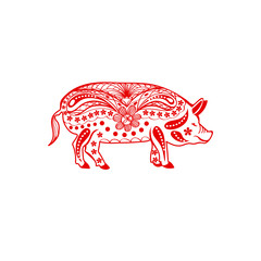pig decorated silhouette. vector outline. red and white image. chinese traditional symbol of the year 2019