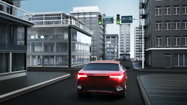 Autonomous driving car connect traffic information control system, avoid car, unmanned vehicles Internet of things. 4k animation.