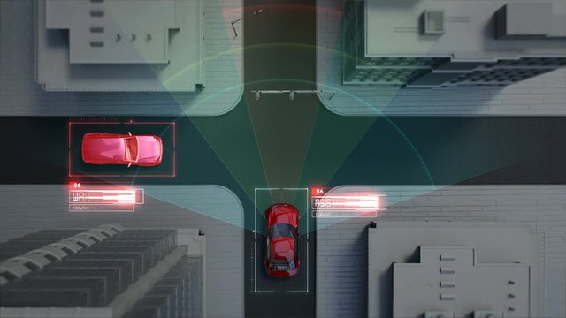 Autonomous driving car connect traffic information control system, avoid car, unmanned vehicles in crossroad, top view, 4k animation.