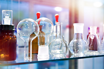 Glass flasks in chemical laboratory