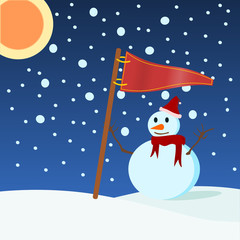 Christmas Snowman holding a red flag .