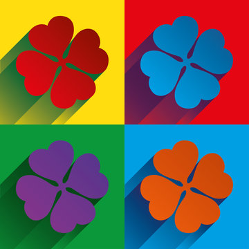 Four-leaf clover.
Four leaves of clover on a multi-colored background. Vector illustration, pattern.