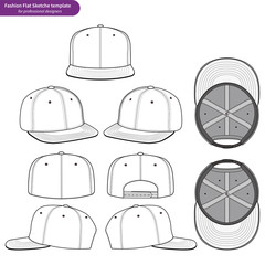  Snapback Cap set Fashion flat technical drawing