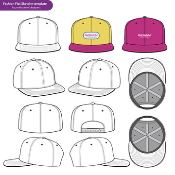  Snapback Cap set Fashion flat technical drawing