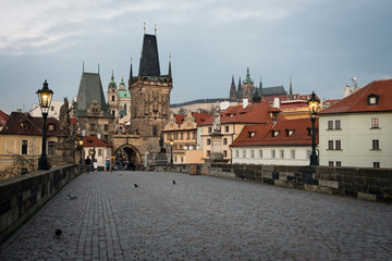 Old Prague, view from Charles bridge early in the morning, Czech republic