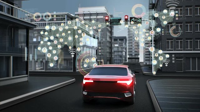 IoT car connect traffic information, World communication control system, Autonomous driving of unmanned vehicles Internet of things. 4k animation.