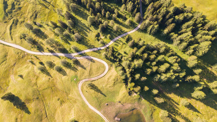 A drone vertical perspective of the meadows at high altitudes, forming soft hills. Dolomites, Alta Badia, Sud Tirol, Italy
