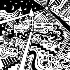 Doodle sketch magic castle cute pattern black and white isolated. Fairy wonderful poster, banner background template. Can used as print for baby apparel, t-shirt, kids clothes, card, packaging design