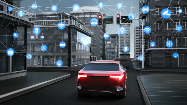 IoT car connect traffic information graphic icon control system, Autonomous driving of unmanned vehicles Internet of things. 4k animation.2.