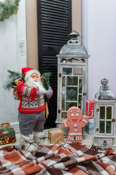santa claus gingerbread man and christmas decorations