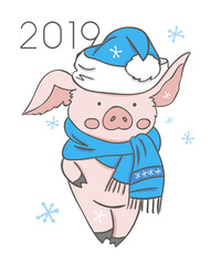 Cute pink pig. Happy New Year. Chinese symbol of the 2019 year. Excellent festive gift card. Vector illustration on white background.