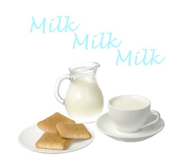 Milk in bottles and dairy products. Isolated on white