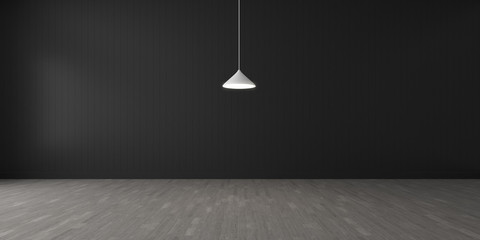 3D stimulate of dark interior and wood laminate floor with the white lamp in the middle of room,Perspective of minimal design architecture.