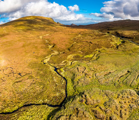 Aerial view of the River Rha between Staffin and Uig on the Isle of Skye , Scotland