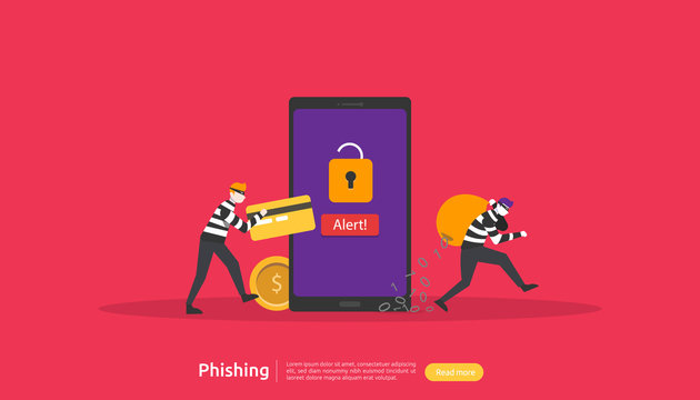 internet security concept with tiny people character. password phishing attack. stealing personal data. web landing page, banner, presentation, social, and print media template. Vector illustration